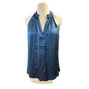 Go By Go Silk Perfectly Pleaded Blouse Sz S New Blue Rain Sleeveless Staple $286